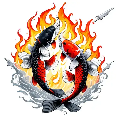Two koi fish (one black and one red) swim in fire in the middle of a double -edged sword tattoo design idea