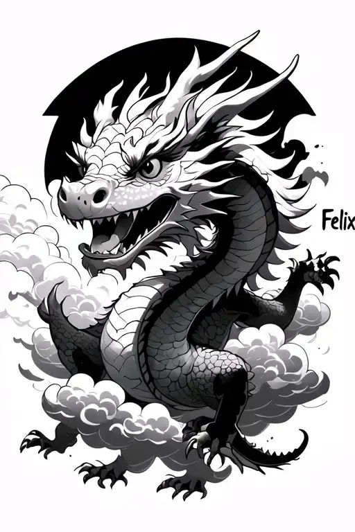 Cheeky Japanese dragon flying through clouds in black and white. It has the name Felix in it somewhere. Use stippled sha tattoo design idea