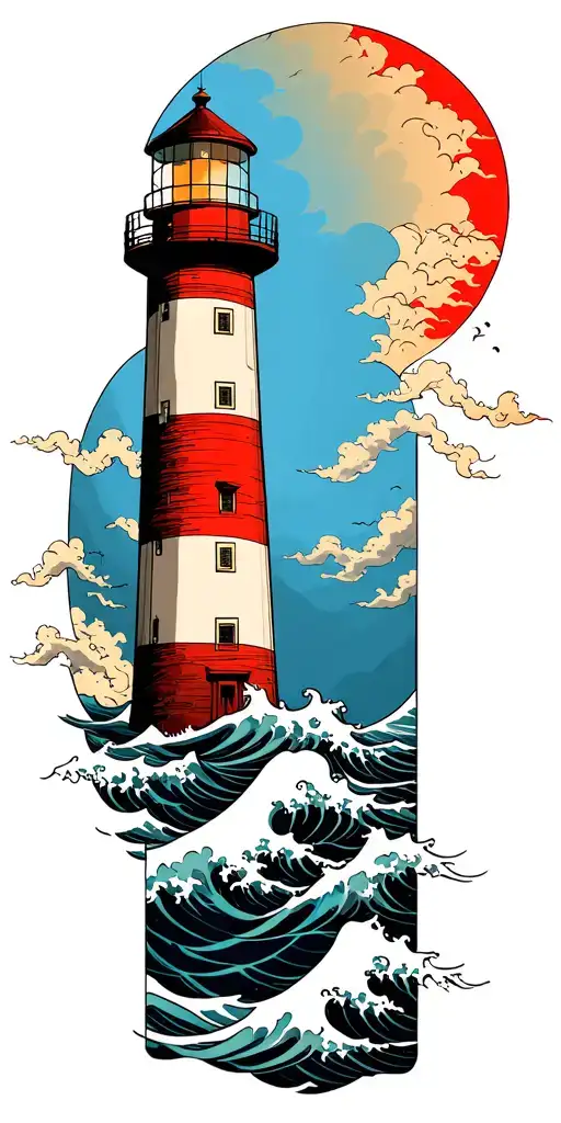The lower part is a lighthouse with waves. The upper part is a hottiter with a background of Khokhlom tattoo design idea