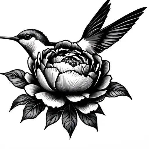peony, hummingbird, aries sign tattoo design idea