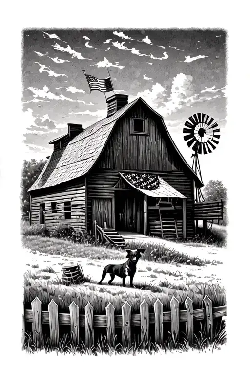 old barn with an american flag, windmill and a dog in the front surrounded by a wooden fence tattoo design idea