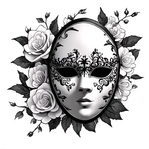 gothic venetian mask, roses and cherry blossoms wrapped tattoo design idea