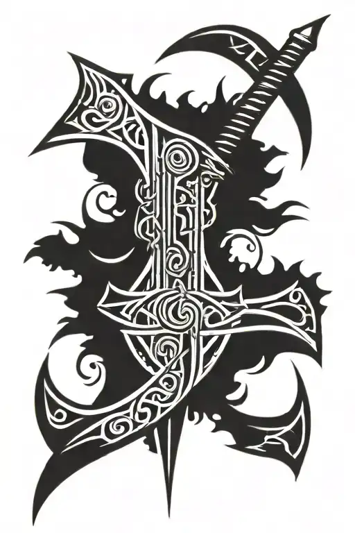 The word "Invincible" with sword through it on the top tattoo design idea