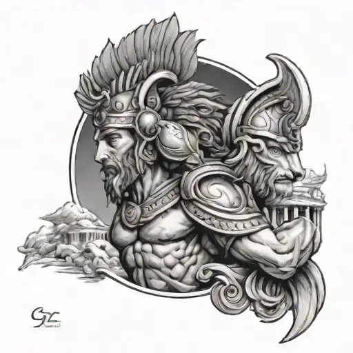 Greek spartan warrior on forearm with lion and mt Olympus building behind tattoo design idea