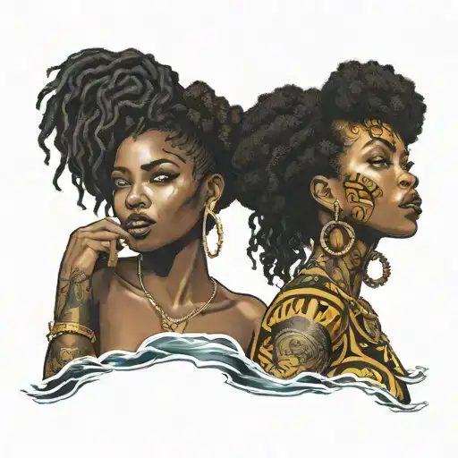 2 sexy Jamaican black girls, big boobs, seductive, siren, ocean, Afro centric, kiss, broad nose, full body, siren eyes  tattoo design idea
