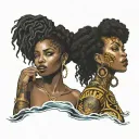 2 sexy Jamaican black girls, big boobs, seductive, siren, ocean, Afro centric, kiss, broad nose, full body, siren eyes  tattoo design idea