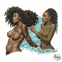 2 sexy Jamaican black girls, big boobs, seductive, siren, ocean, Afro centric, kiss, broad nose, full body, siren eyes  tattoo design idea
