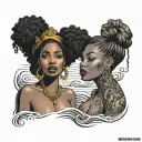 2 sexy Jamaican black girls, big boobs, seductive, siren, ocean, Afro centric, kiss, broad nose, full body, siren eyes  tattoo design idea