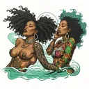 2 sexy Jamaican black girls, big boobs, seductive, siren, ocean, Afro centric, kiss, broad nose, full body, siren eyes  tattoo design idea