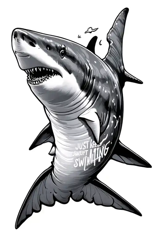 shark with just keep swimming saying tattoo design idea