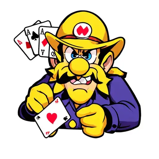 wario holding a poker hand of 5 cards. over his shoulder looking at the hand. its qc jh and 3 jokers tattoo design idea