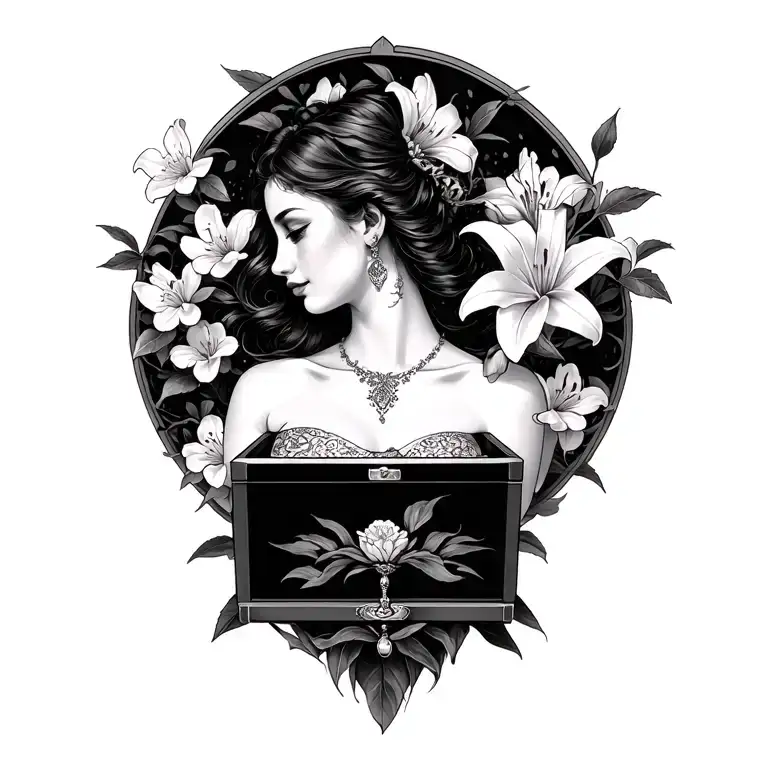 lady opening pandoras box, inside the box is a lily flower, surrounding the lady os sakura blossom tattoo design idea