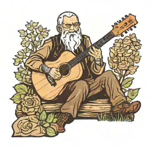 old man with white beard setting in the woods playing a acoustic guitar and a burlap sack that says csa homegrown tattoo design idea