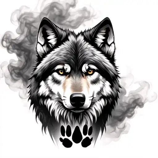 black & gray tattoo of realistic wolf with a smoky background, seamlessly blend smoke into a paw print below wolf tattoo design idea