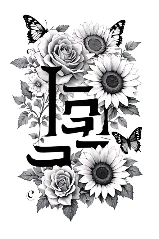 Korean letters with Roses, sunflowers and butterflies  tattoo design idea