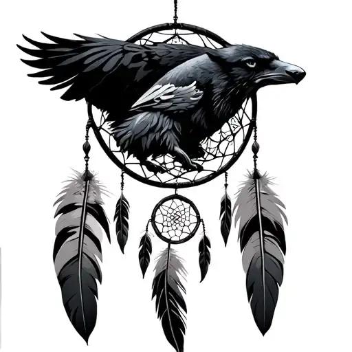 Mens dream catcher with 2 feathers and a wolf in the center and a raven pirched on the top tattoo design idea