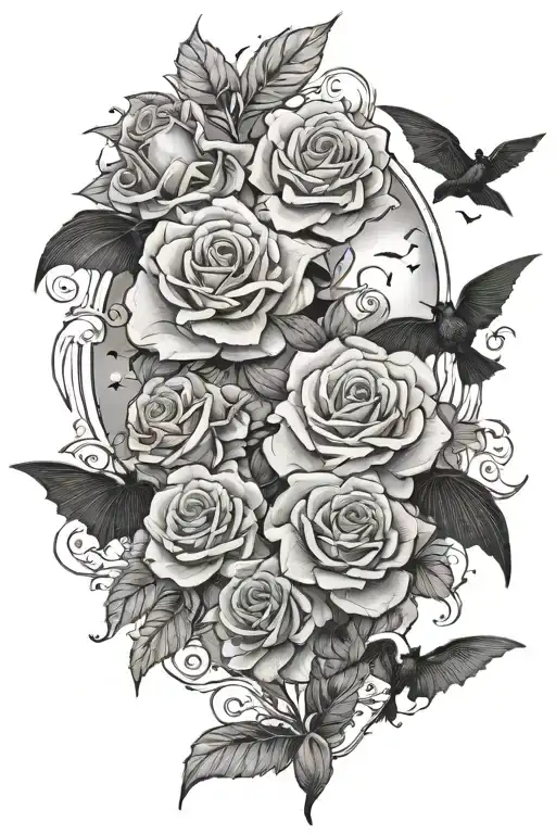 roses clouds surrounding stars and birds bats tattoo design idea