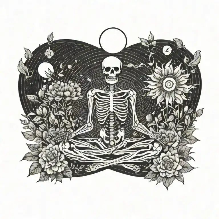 skeleton meditating, big sun , flowers as filler tattoo design idea