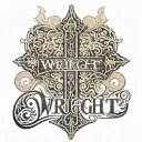 "Wright" across back with dramatic font and cross underneath tattoo design idea
