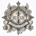"Wright" across back with dramatic font and cross underneath tattoo design idea