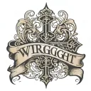 "Wright" across back with dramatic font and cross underneath tattoo design idea
