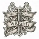 "Wright" across back with dramatic font and cross underneath tattoo design idea