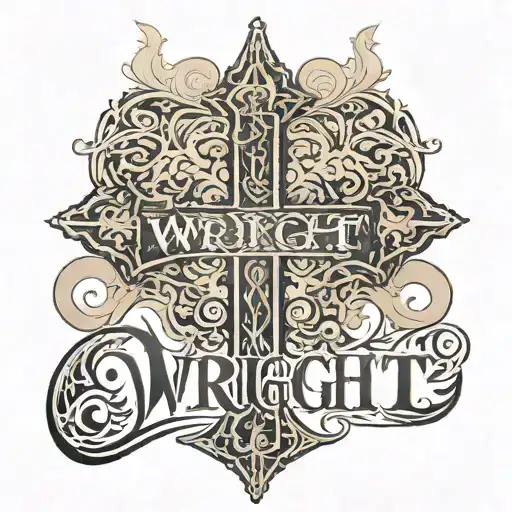 "Wright" across back with dramatic font and cross underneath tattoo design idea