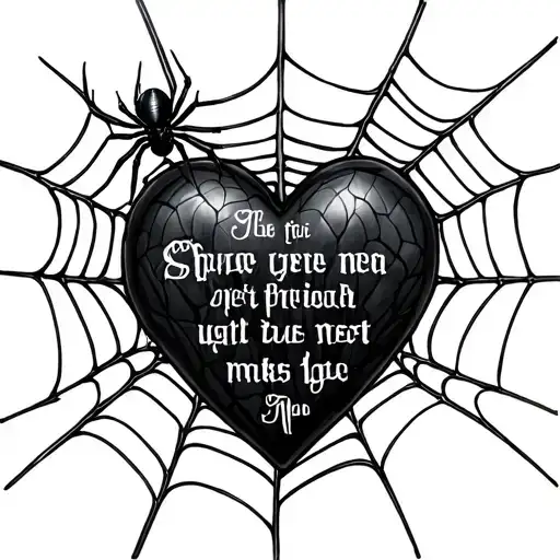 Heart Web + Spider + Phrase as Silk StrandWeb shaped like a heart.Spider dangling.Its silk thread is the phrase  tattoo design idea
