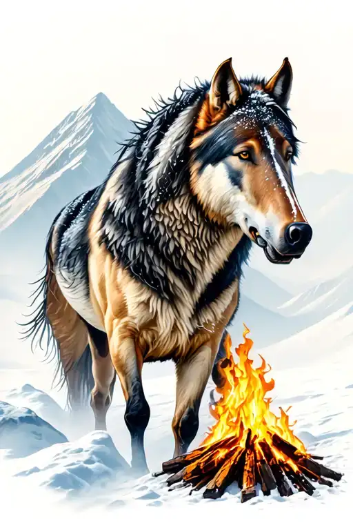 mountains, horse back riding, wolves, snow, bonfire, wild mountain animals tattoo design idea