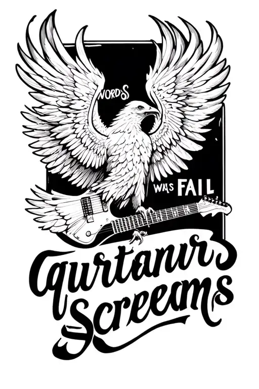 "words fail guitar screams" phoenix flying tattoo design idea