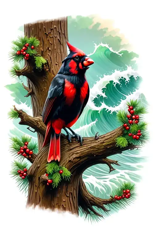 cardinal perched in redwood tree, black lab, waves crashing tattoo design idea