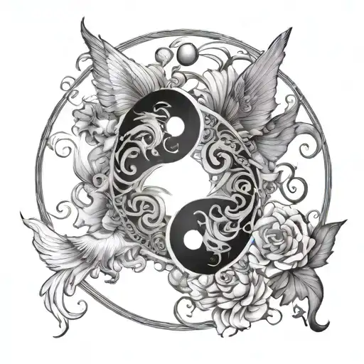 yin yang, angels butterflies and leo zodiac sign tattoo design idea