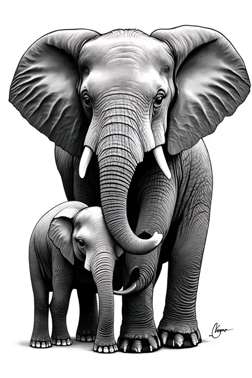 mom and baby elephant tattoo design idea