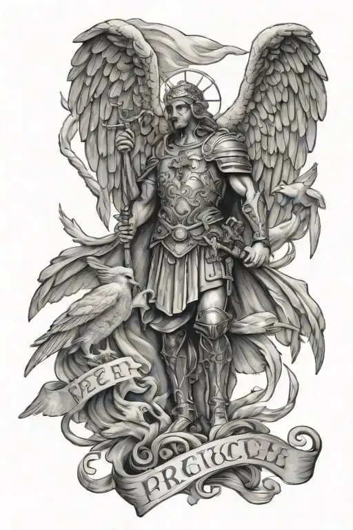 Saint Michael with doves, a cross and a banner saying protect us tattoo design idea