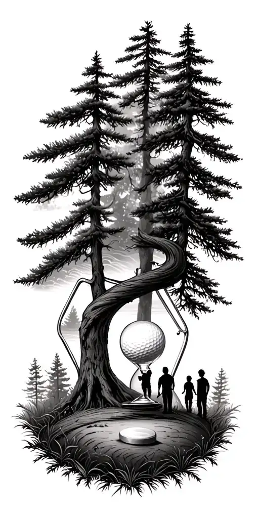 Pine forest wrap around and family tree and hour glass father with 3 kids and golf tattoo design idea
