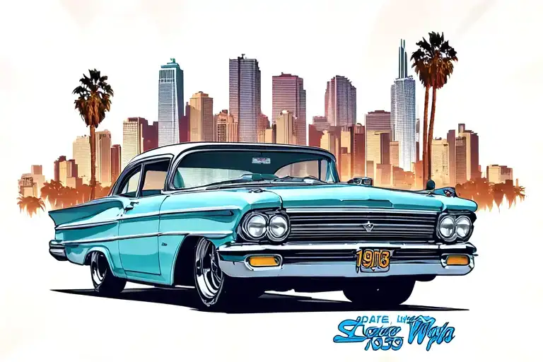 the date 1995 across Stomach WTH Los Angeles skyline and 1963 imalpa lowrider under the 1995 date tattoo design idea