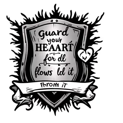 shield that says "guard your heart for all you do flows from it" bible quote tattoo design idea
