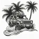 Combine elements of a 4x4 vehicle, palm trees, and waves to create a unique off-road beach scene tattoo tattoo design idea