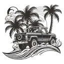Combine elements of a 4x4 vehicle, palm trees, and waves to create a unique off-road beach scene tattoo tattoo design idea