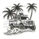 Combine elements of a 4x4 vehicle, palm trees, and waves to create a unique off-road beach scene tattoo tattoo design idea