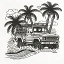 Combine elements of a 4x4 vehicle, palm trees, and waves to create a unique off-road beach scene tattoo tattoo design idea