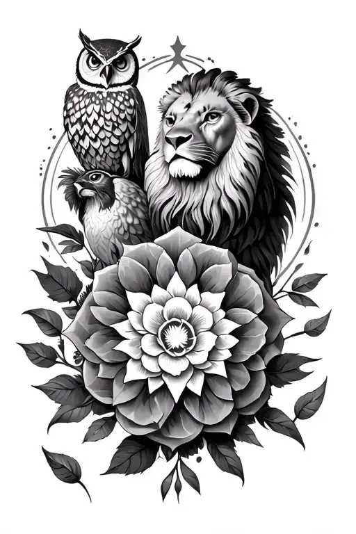 star of ishtar, one lion, two owls, 8 petal rosette tattoo design idea
