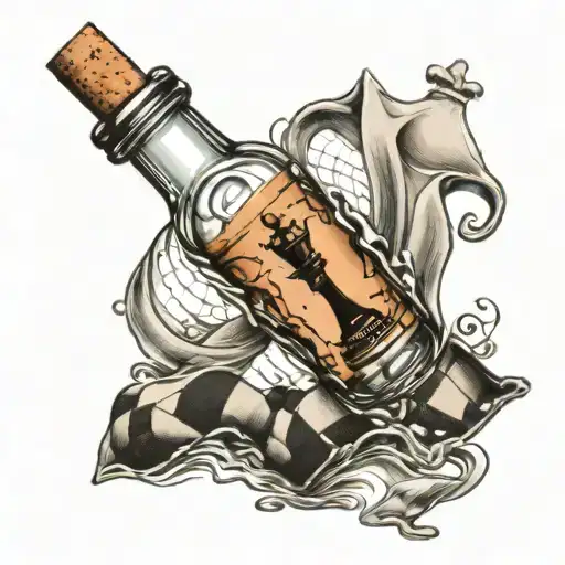 a bottle with a paper boat in it. The cork of the bottle is a chess piece tattoo design idea
