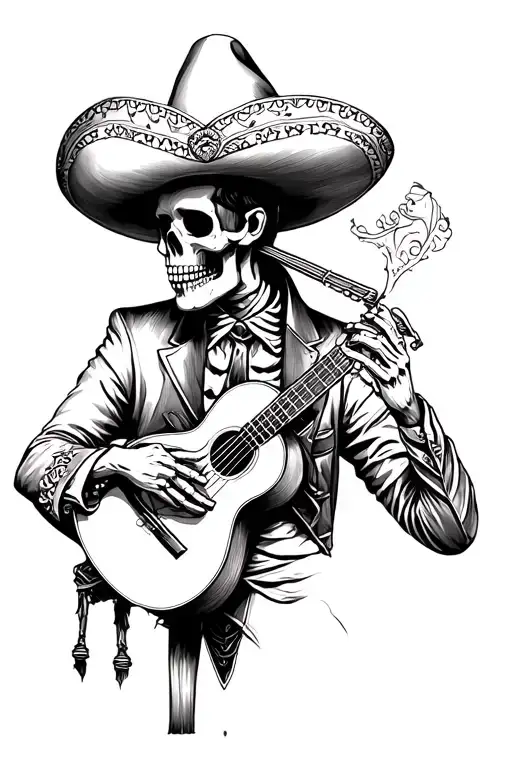 sad mariachi skeleton clothes and instruments tattoo design idea