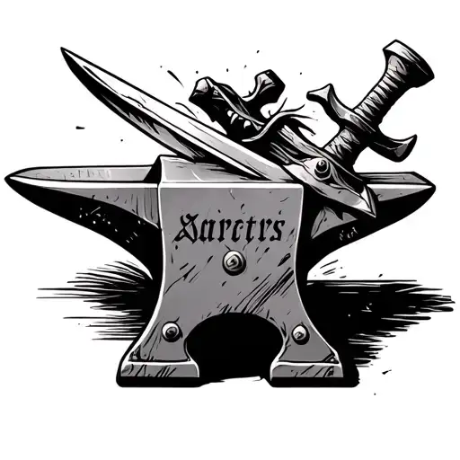 An anvil with a sword on it being forged by a hammer tattoo design idea