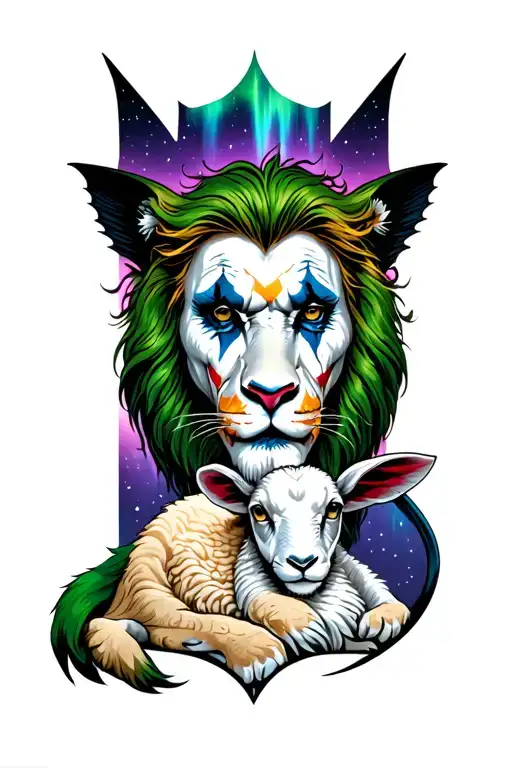 An aurora borealis at night in the background, on which a lamb is leaning against a lion. The face of the Joker from Bat tattoo design idea