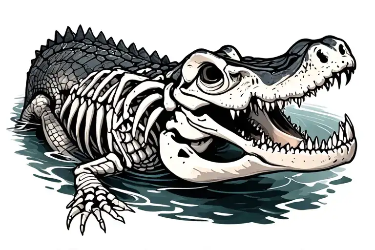alligator swimming skeleton tattoo design idea