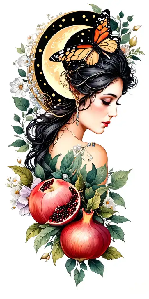 sage woman, crescent moon, triple moon, pomegranate, florals, pearls, butterfly, 11 tattoo design idea