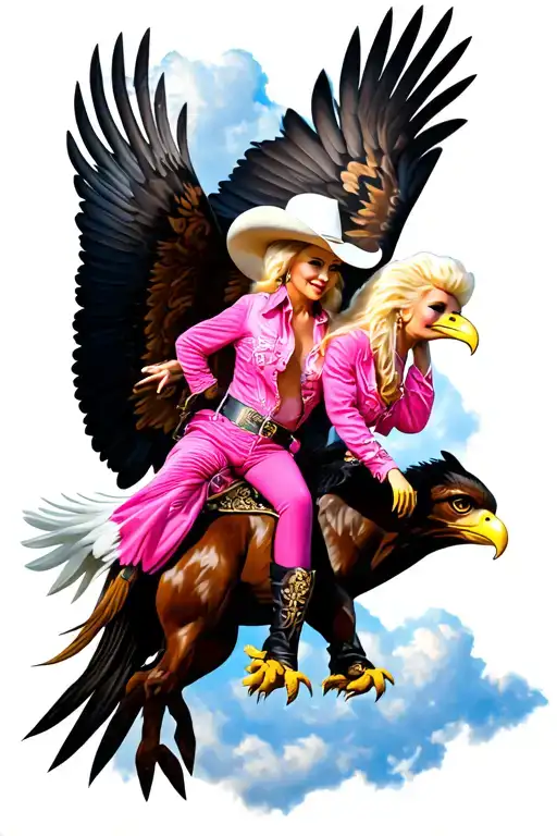 Dolly Parton wearing pink cowgirl outfit, riding on a bald eagle that is soaring through the sky tattoo design idea