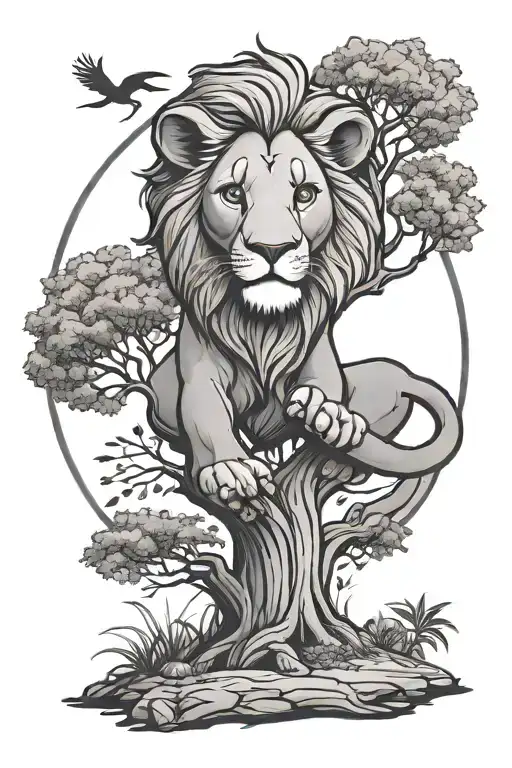 simba drawn on tree, circle of life tattoo design idea